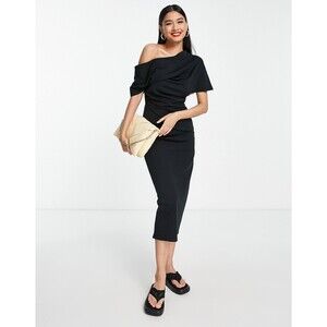 ASOS Design One Shoulder Black Midi Pencil Dress US 12 Elegant Classic Chic